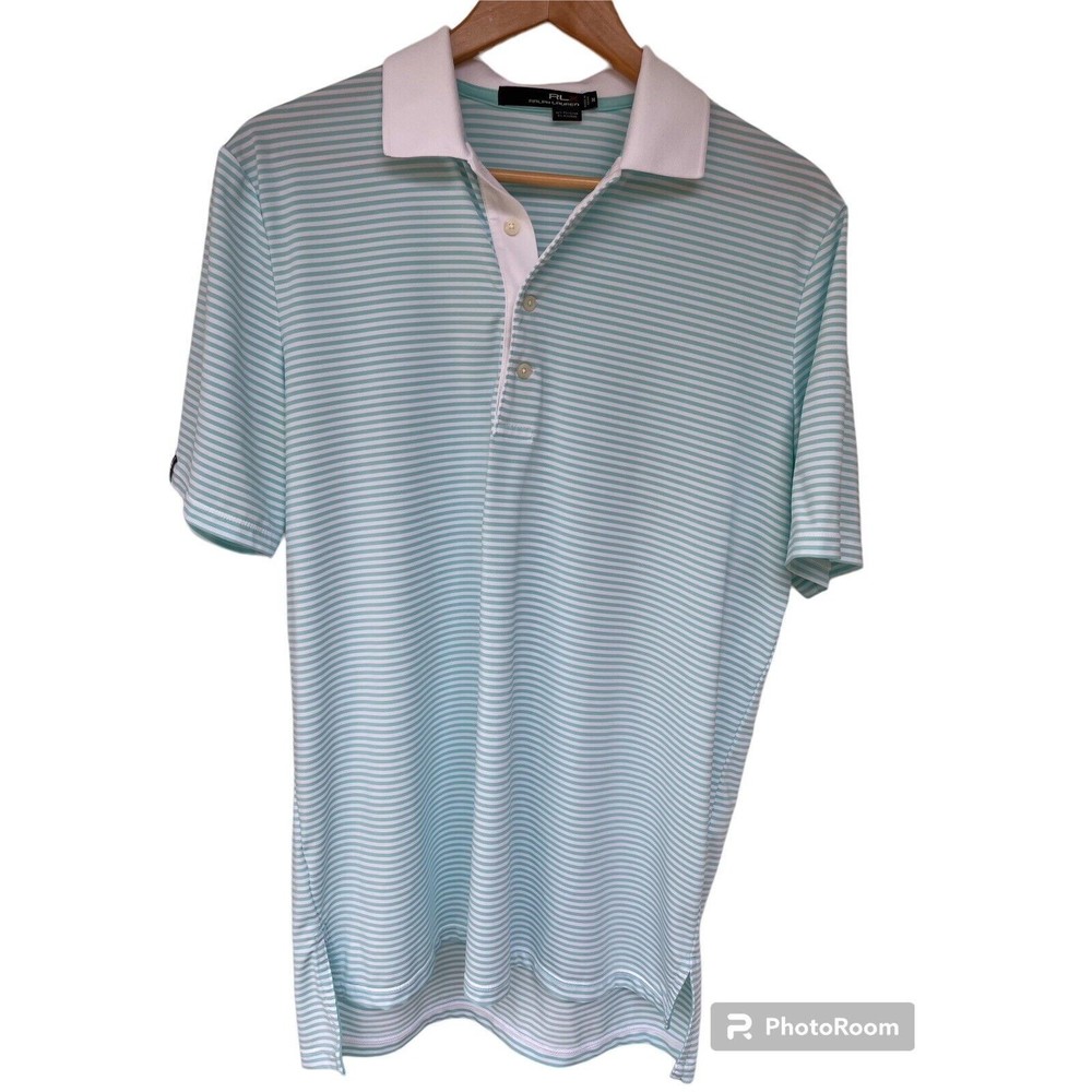 Ralph Lauren RLX Polo Shirt Men Size Medium White Blue Stripes Short Sleeve Golf
